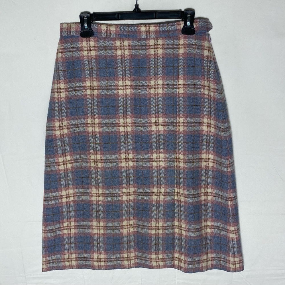 Vintage 3D Fashions Blue Pink Plaid Knee Length Wool Blend Pencil Skirt L